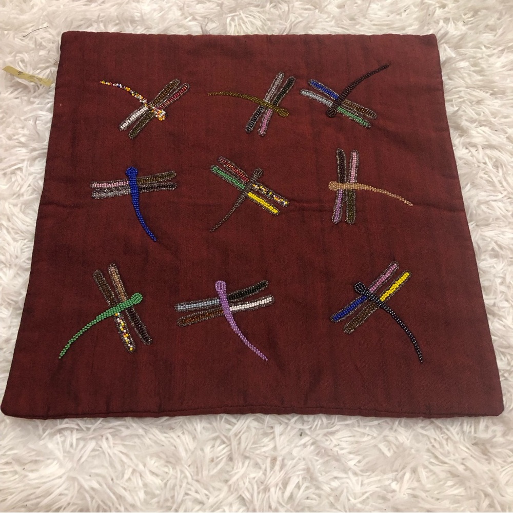 Dragonfly beaded pillow cover 15.5”x 15.5” multi color Art Deco
